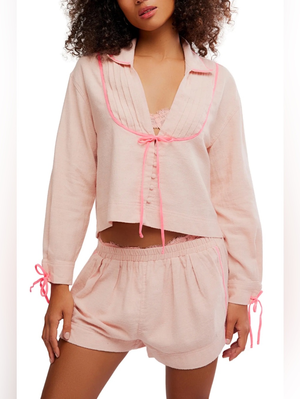 Intimately Free People Close to Home Cotton Flannel Short Neon Boho Pajama Set